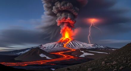 A powerful volcanic eruption at night with flowing lava, a massive ash plume, and a dramatic lightning strike.