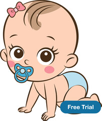 Cartoon baby crawling, cute infant with pacifier, pink bow, diapered child, playful newborn vector, childcare, parenting, baby product, nursery