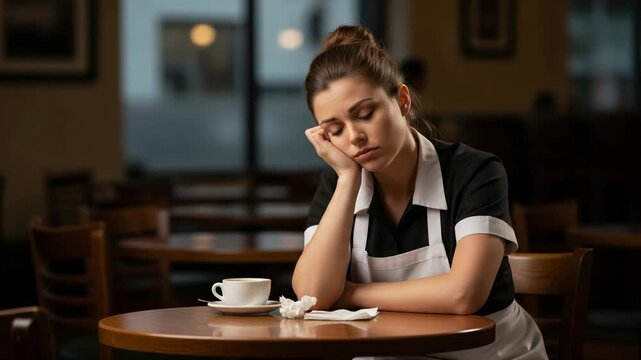 Exhausted young adult female waitress resting her head on her hand at a cafe table with a coffee cup, feeling tired after a long shift.