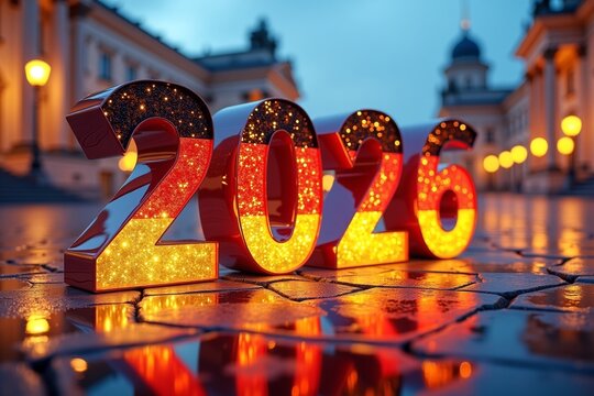 Glowing "2026" numbers in German flag colors on wet cobblestones, festive city lights at twilight. - Powered by Adobe