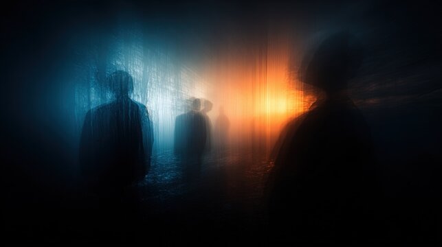 Blurred Figures Walking in Eerie Fog: Abstract Dark Fantasy Scene with Unclear Human Silhouettes