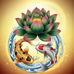 Beautiful of Cute Koi Fish with Lotus Flower in Vibrant Design
