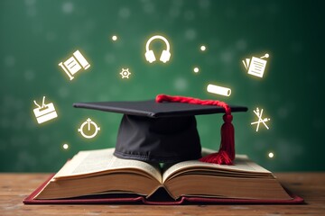 Graduation cap rests on open book, floating icons symbolize learning and growth against green chalkboard backdrop.