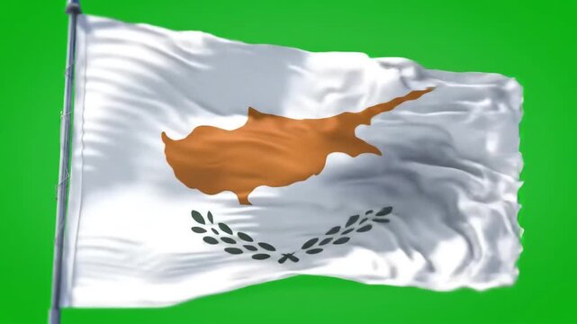 The national flag of Cyprus proudly waves in the wind against a vibrant green screen background symbolizing the nations identity and sovereignty. - Powered by Adobe
