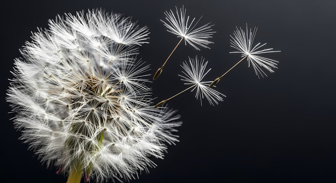 A close-up shot of a white dandelion puffball with several seeds detaching and floating away against a dark, plain background.
