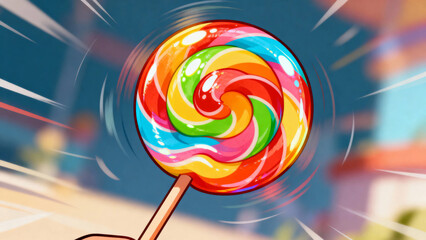 A colorful swirled lollipop spinning rapidly with motion blur in a vibrant background