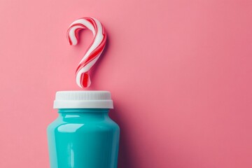 Blue bottle white cap red striped candy cane Question mark made