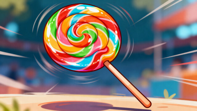 A colorful swirled lollipop spinning on a stick, set against a vibrant outdoor background with motion effects.