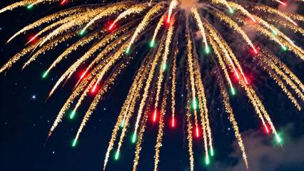 Colorful fireworks burst in the night sky with golden trails and red and green sparks.