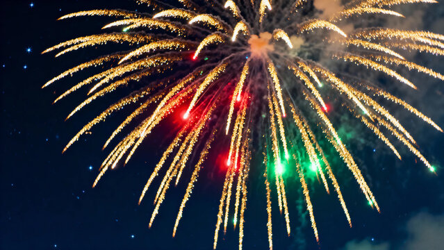 Colorful fireworks explode in the night sky with golden, red, and green bursts.
