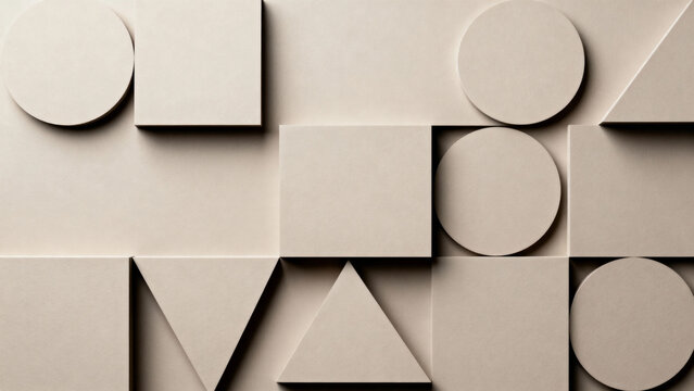 Abstract geometric composition of beige shapes including circles, squares, and triangles arranged in a layered pattern.