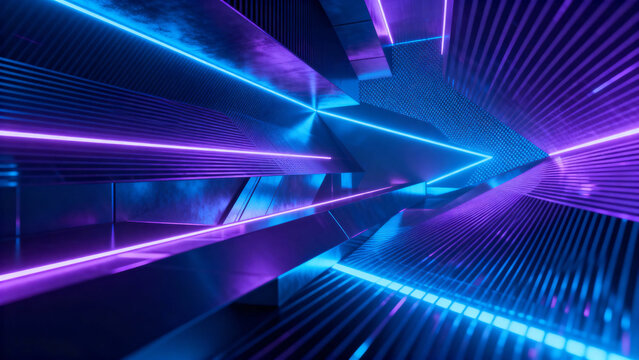 Neon-lit futuristic corridor with glowing blue and purple lines creating a high-tech tunnel effect
