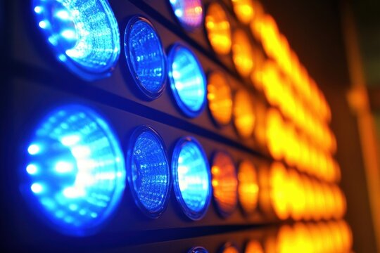 Close-up large number circular lights arranged grid-like pattern rays of light illuminate