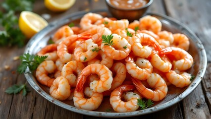 A rustic metal plate of freshly cooked shrimp garnished with parsley, served with lemon wedges and a dipping sauce.