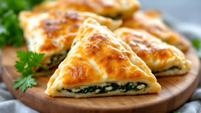 Freshly baked golden triangular pastries filled with spinach and cheese on a wooden board.
