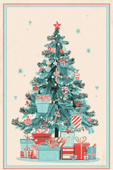 Fototapeta premium Festive Christmas tree illustration with colorful ornaments and gift boxes 