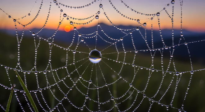 Close-up of a spider web glistening with water droplets, illuminated by the soft light of a sunrise. - Powered by Adobe