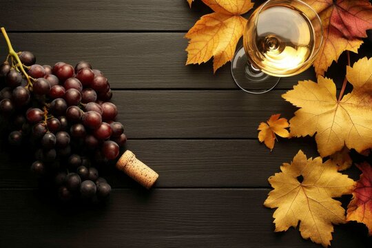 Flat lay black wooden background bunch red grapes Composition with wine