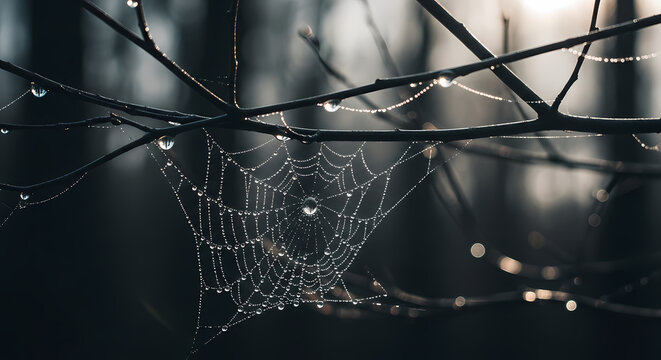 A close-up view of a spider web glistening with water droplets, suspended between tree branches.