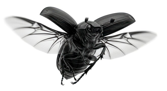 Black beetle in flight isolated on white background with spread wings