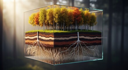 Forest Ecosystem Cutaway in Glass Cube - Soil Layers and Tree Roots