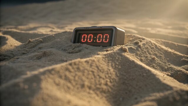 Digital clock displaying midnight embedded in sand with a blurred background on a sunny day