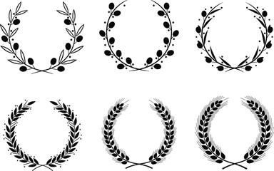 Elegant laurel wreath and wheat wreath vector illustration set, classic award and victory symbols, black botanical wreath design for logo, decoration, and achievement concept