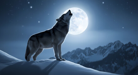 A lone wolf howls at the bright full moon on a snowy mountain peak under a starry night sky.