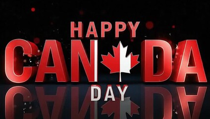 Animated Happy Canada Day 3D text with a maple leaf, reflections, and sparkling fireworks on a dark background.