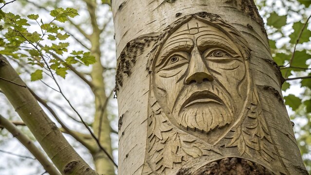 Carved face on a birch tree trunk with foliage in the background in a natural woodland setting outdoors