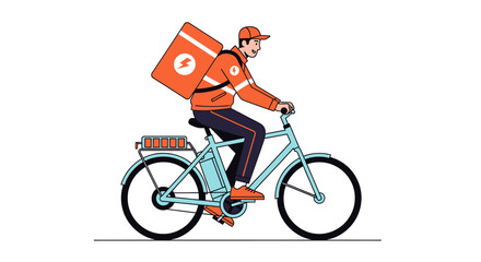 Food delivery man riding bicycle with insulated bag.