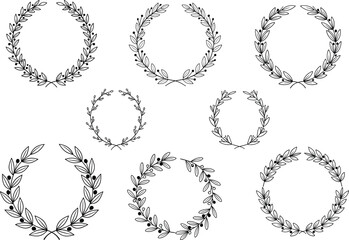 Elegant laurel wreath outline vector illustration set, minimalist floral wreath designs, black leaf branches for logo, award, decoration, and achievement symbol concept