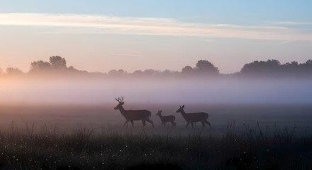 A serene scene of three deer walking through a misty field at dawn, with soft light filtering through the fog.