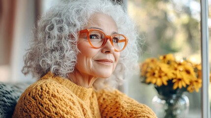 Portrait elderly woman white curly hair orange glasses A smiling