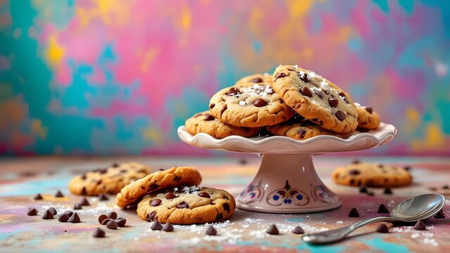 A delicious pile of freshly baked chocolate chip cookies on a decorative stand with a colorful, artistic background.