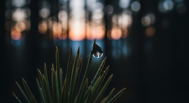 Close-up of a water droplet on a pine needle, with a blurred forest background at dusk.