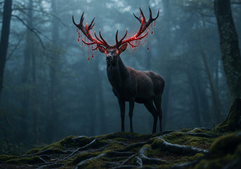 Majestic stag stands in a misty forest, its antlers glowing with a mysterious red light.