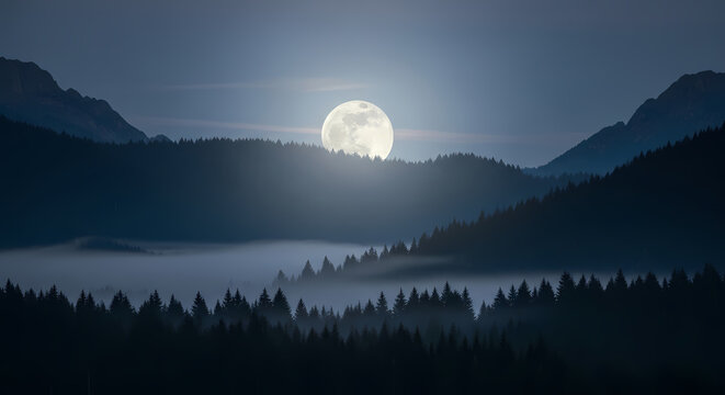 Full moon illuminating a misty forest valley and mountain range at night.