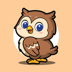 Cute brown owl cartoon character with big eyes, kawaii bird illustration in vector style, perfect for night, wisdom, education, and children’s animal mascot design.