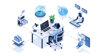 Futuristic Coding and AI Development Scene with Human and Robotic Interaction