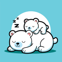 Cute polar bear and baby sleeping peacefully, kawaii winter animal cartoon vector illustration, adorable family and love concept for kids design and nursery art.