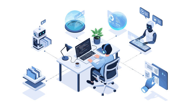 Futuristic Coding and AI Development Scene with Human and Robotic Interaction