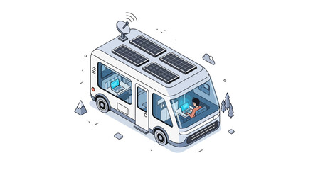 Modern Campervan with Solar Panels and Satellite Dish for Remote Work