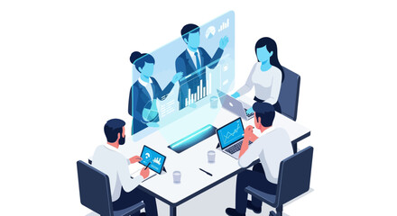 Modern Business Team Collaborating with Holographic Presentation and Data Analysis