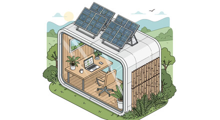 Modern EcoFriendly Office Pod with Solar Panels and Lush Greenery