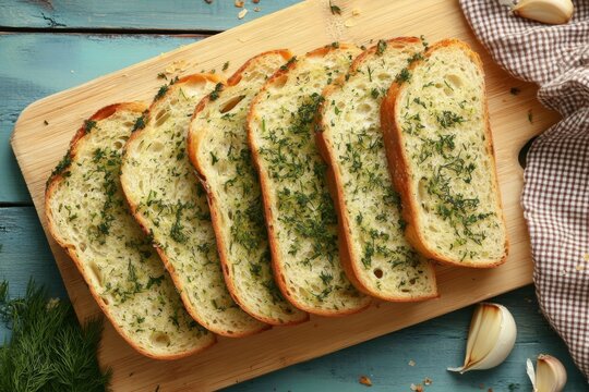 Wooden cutting board six slices bread it appears Plate with toasted garlic - Powered by Adobe