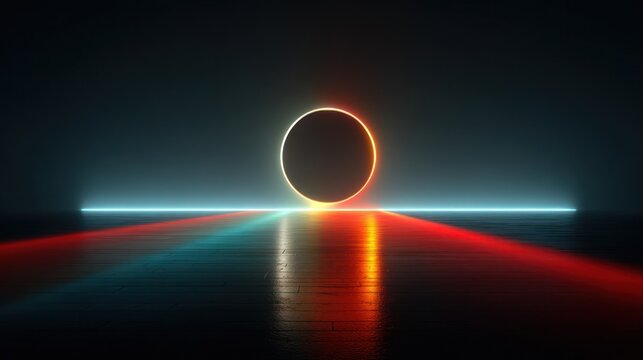 A glowing circular neon halo with light trails on a reflective surface, emanating from its center