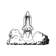 VECTOR LOGO OF A SPACESHIP TAKING OFF WITH SMOKE SILHOUETTE