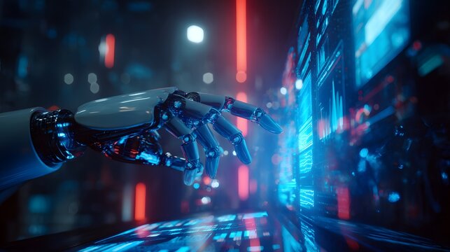 Cybernetic Interaction: The sleek, metallic hand of a robot interacts with a glowing screen, showcasing the cutting-edge fusion of artificial intelligence and digital technology. - Powered by Adobe