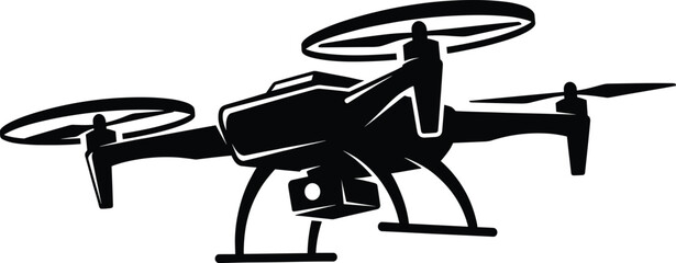 Modern quadcopter drone silhouette vector illustration, unmanned aerial vehicle with camera, futuristic technology design, isolated black drone icon for aviation, photography, and innovation concept